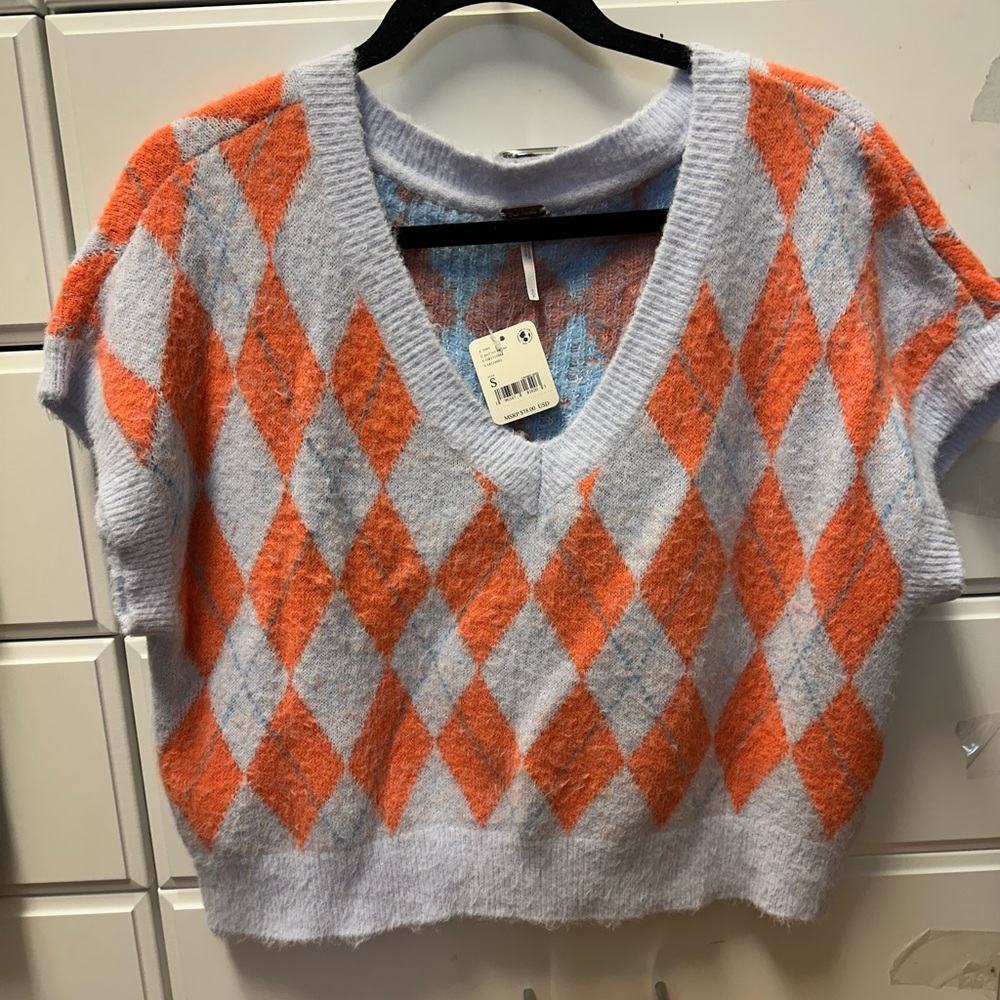 Argyle Knit Sweater Vest - Orange and Light Blue
